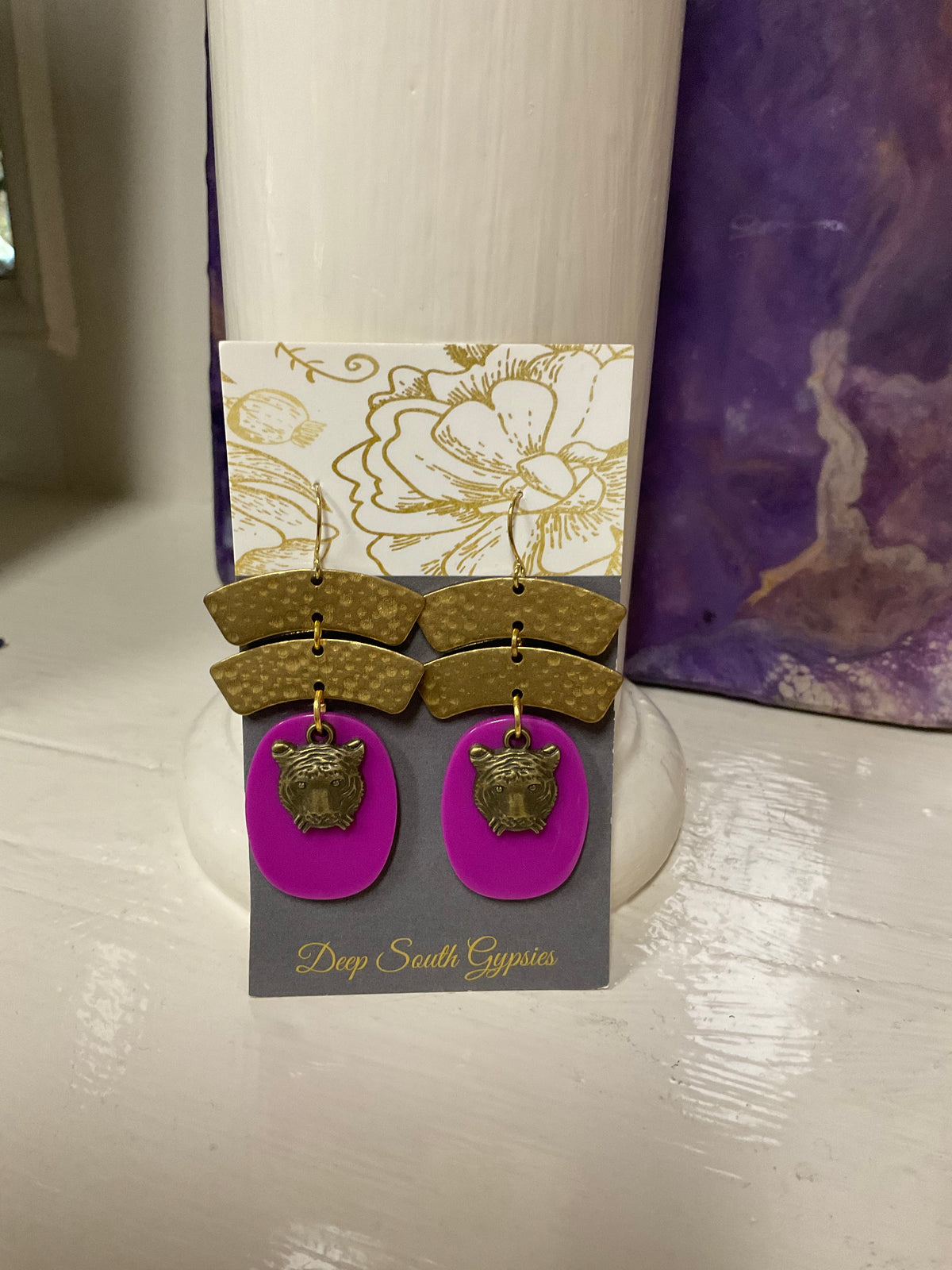 Purple and Gold Tiger Drop Earrings